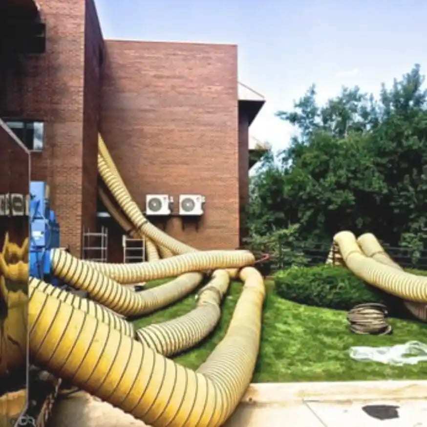 Large drying ducts running from a trailer into a brick building